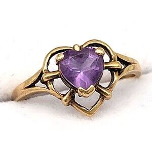10K Yellow Gold Purple Amethyst Heart Solitaire Ring Size 6.6 Vintage 2.07 Grams